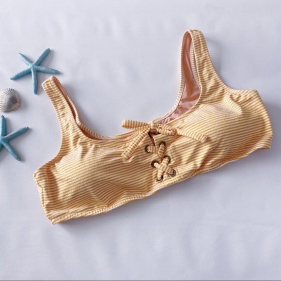 J. Crew | Lace Up Bikini Top Faded Stripe White Gold Orange Summer Flirty Pin Up - Picture 4 of 10